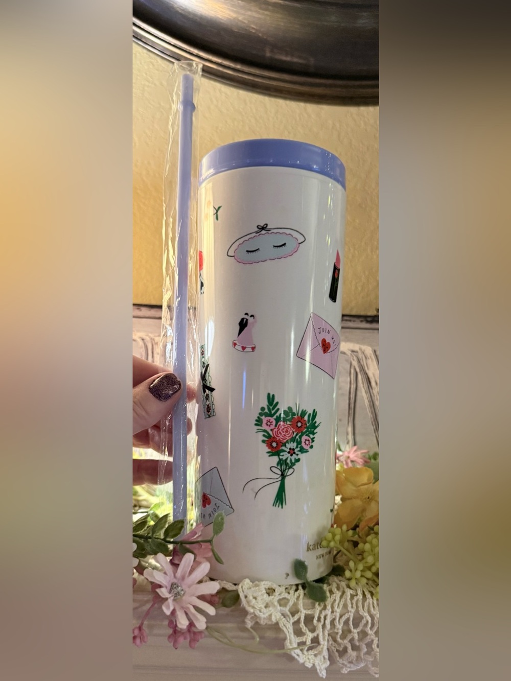 Kate Spade Wedding Themed Tumbler with Periwinkle Lid and Straw BPA Free